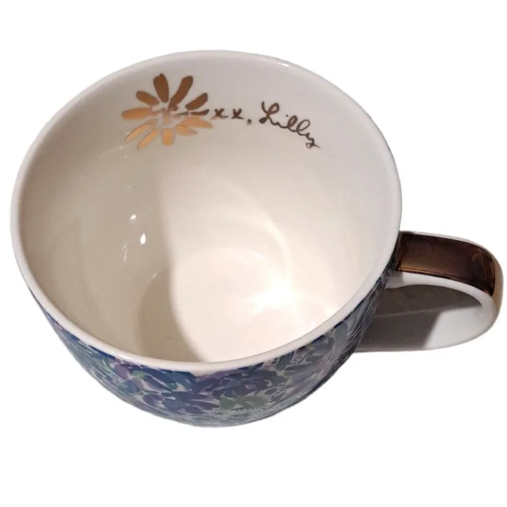Lilly Pulitzer Floral Gold Blue Multi Ceramic Coffee Mug Cup Dishwasher Safe